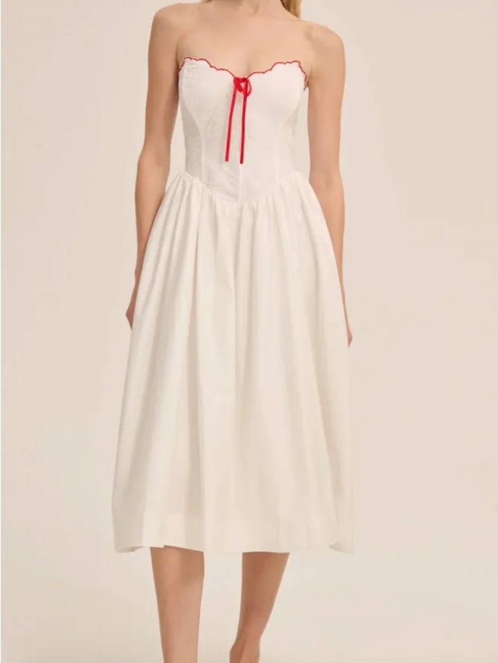 Strapless White Midi Dress with Red Trim